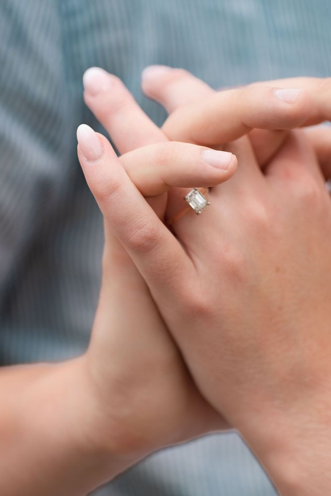 Close-up of hands and an engagement ring